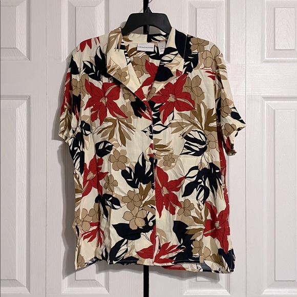 Tops - Alfred Dunner floral cream tan black red button down blouse top shirt SZ 16